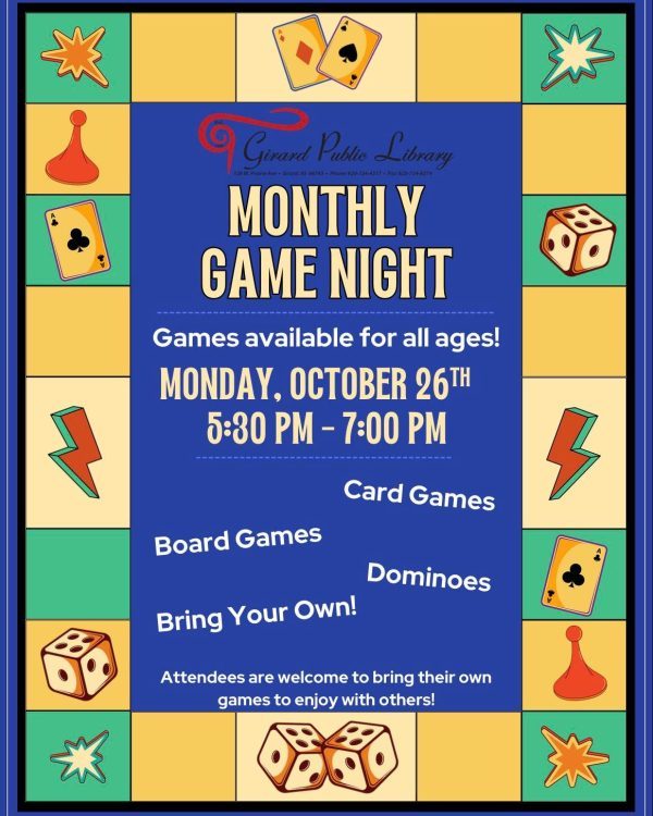 Happening next week at Girard Public Library! Monday, October 26th ~ Monthly Game Night from…