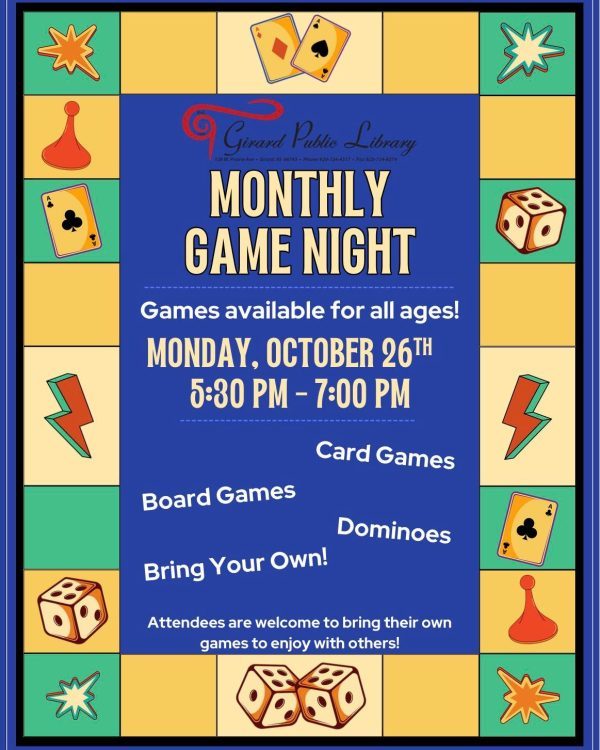 Happening today at Girard Public Library! ~ Monthly Game Night from 5:30 pm - 7:00…