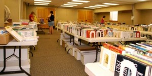 Photo of the meeting room setup for a book sale.